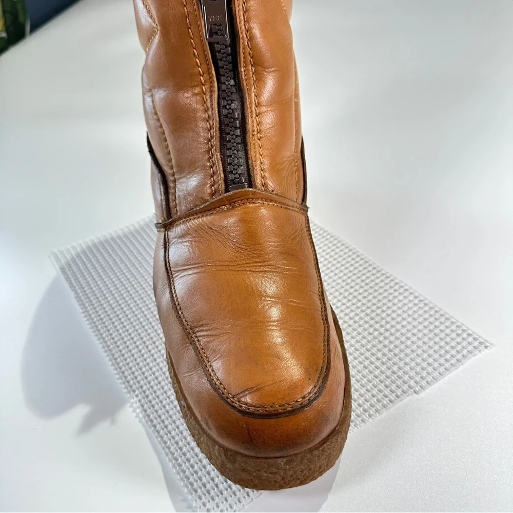 Mocatem Winter Boots Vintage Front Zip Leather Cognac Brown 13E